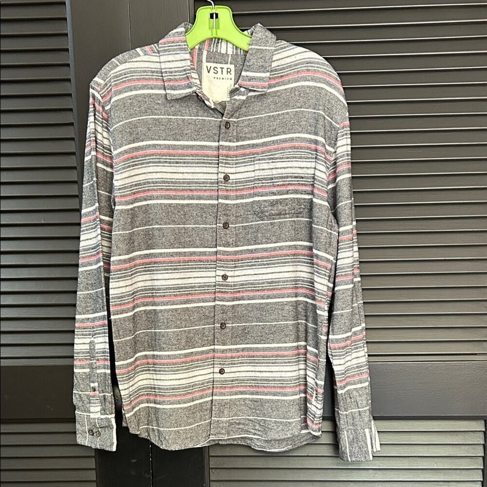 VSTR Men's Casual Striped Button Down Flannel Shirt - Gray and Red, Size Small